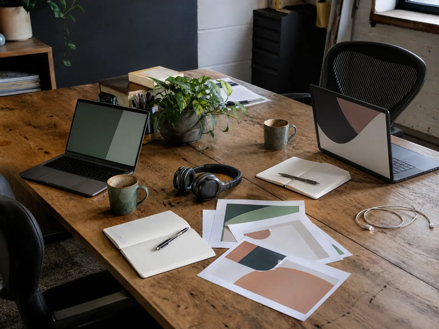 A shared agency workspace with laptops and campaign planning materials