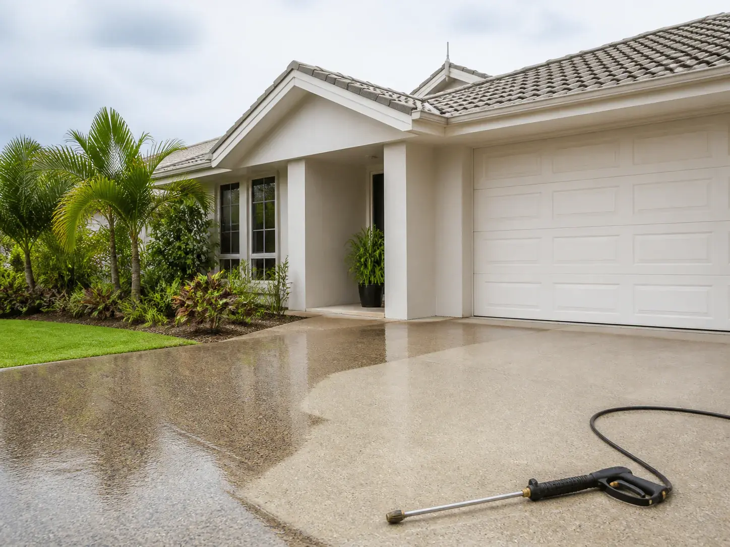 A freshly pressure-cleaned Brisbane home and driveway