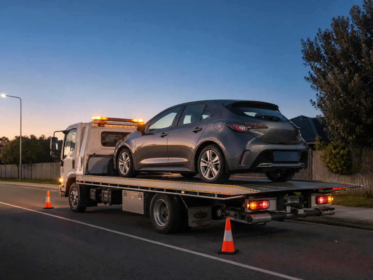 A flatbed tow truck carrying a car on an Australian suburban road