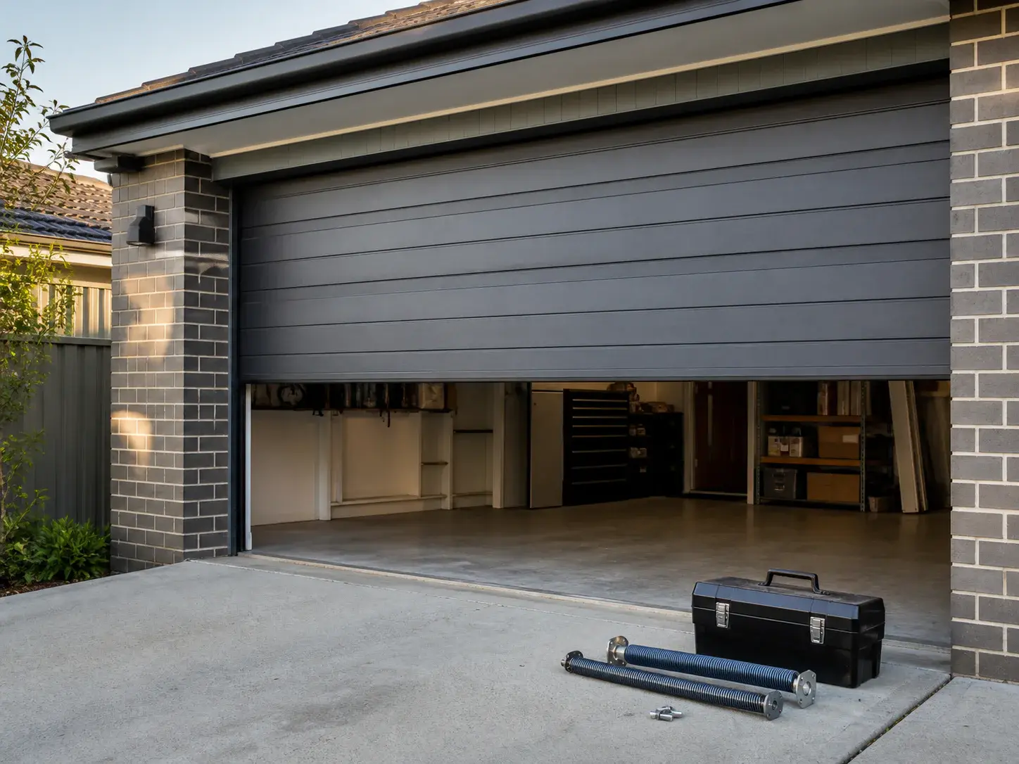 A newly serviced sectional garage door at a Sydney home